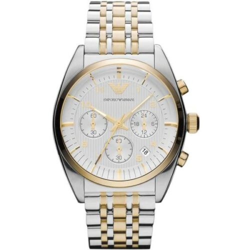 NEW EMPORIO ARMANI AR0396 GOLD & SILVER STAINLESS STEEL MENS CHRONOGRAPH WATCH