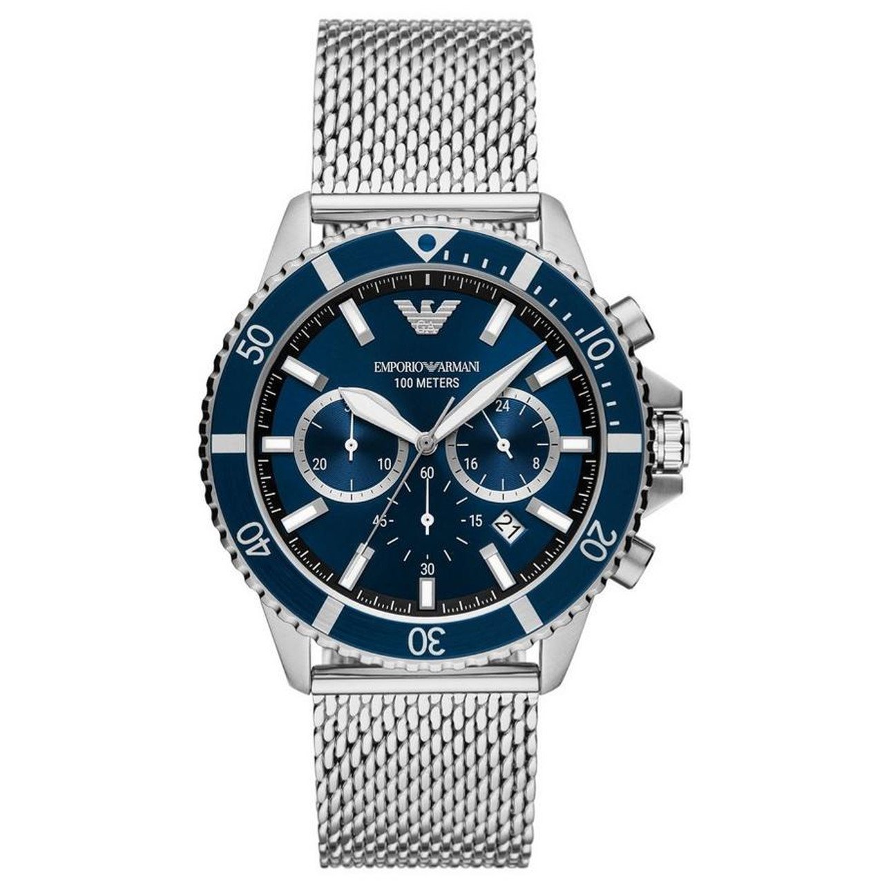Emporio Armani Men's Chronograph Watch | 44mm | Blue Dial | Silver Bracelet AR11587